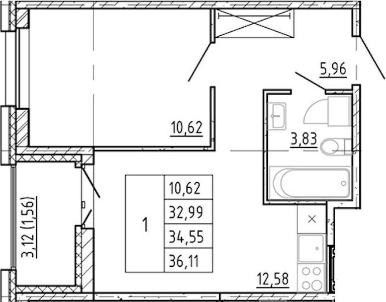 1-комнатная квартира 32.99 м², 8/12 эт., ЖК «Полис Новоселье»